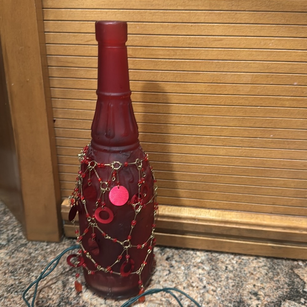 Handmade vintage mood lighting wine bottle, red bedazzled gorgeous.